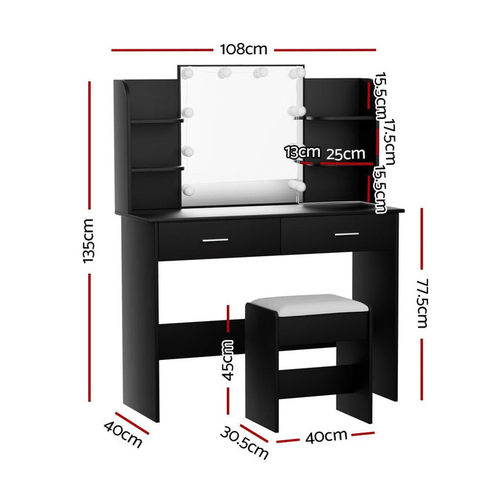 Artiss Dressing Table Set Stool 10 Led Bulbs Black Dulcea -Home Living Store - -