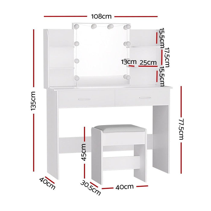 Artiss Dressing Table Set Stool 10 Led Bulbs White Dulcea -Home Living Store - -