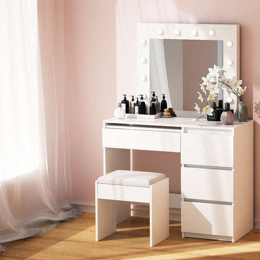 Artiss Dressing Table Set Stool 12 Led Bulbs White -Home Living Store - -