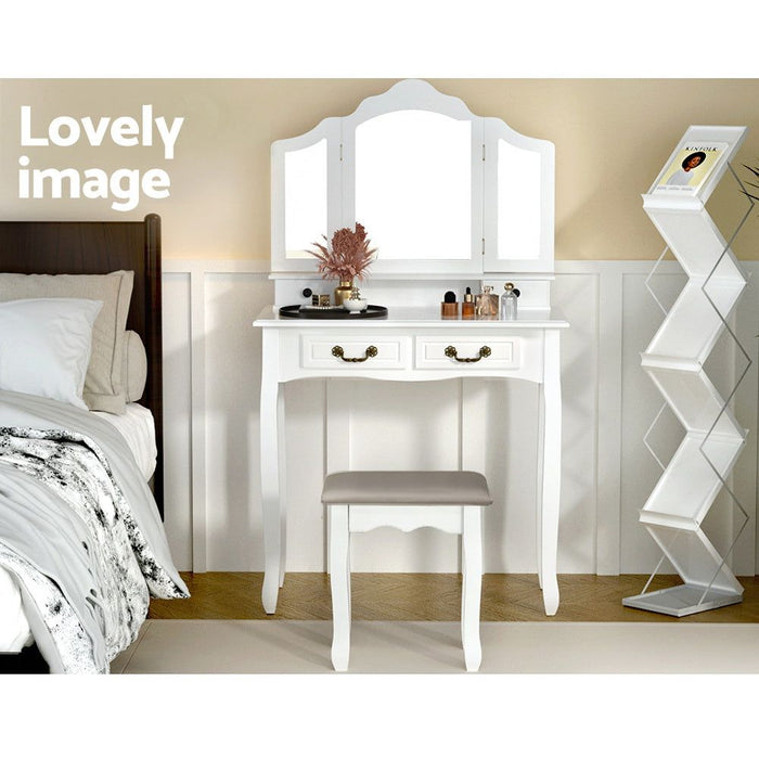 Artiss Dressing Table Stool Set Foldable Mirror White -Home Living Store - -