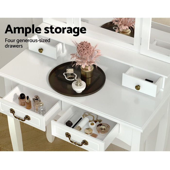 Artiss Dressing Table Stool Set Foldable Mirror White -Home Living Store - -