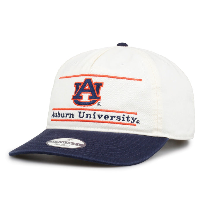 Angled view of Auburn Original Bar Snapback with ivory crown, navy brim, and embroidered AU logo above Auburn University lettering.