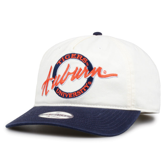 Angled view of Auburn Original Circle Snapback with ivory crown, navy brim, and orange Auburn script over the Tigers University circle embroidery.