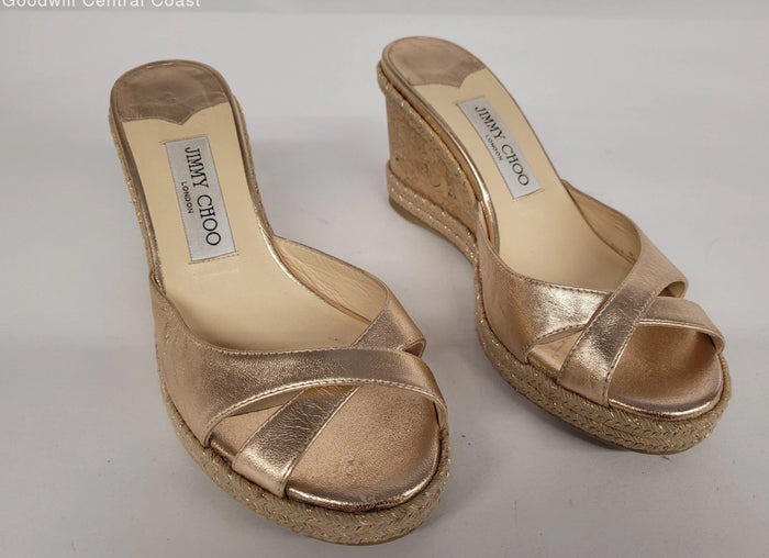 Jimmy Choo Authentic Gold Cork Wedge Sandals 37.5