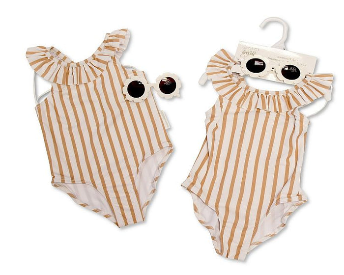 Baby Girls Ruffle Neck Swimsuit with Sunglasses - Sand (12-24M) (PK6) BIS-2120-6229