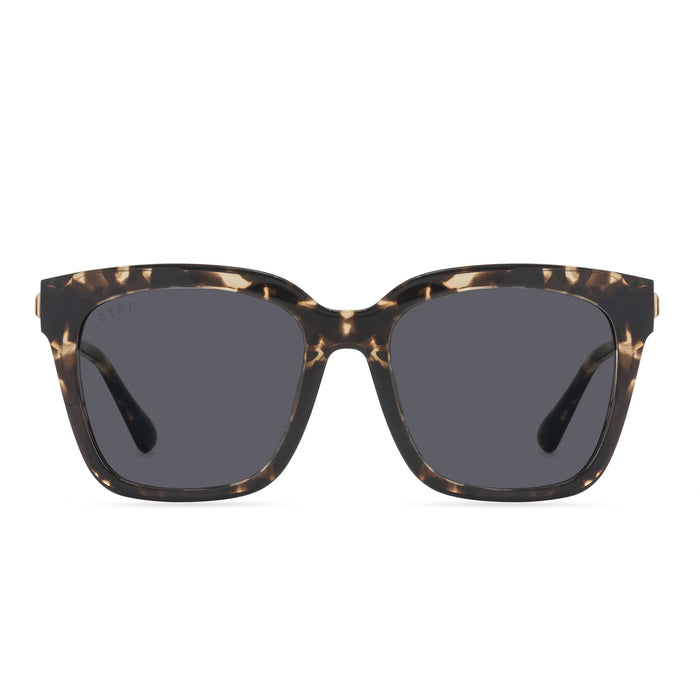 diff eyewear bella square prescription sunglasses with a espresso tortoise frame and grey prescription lenses front view