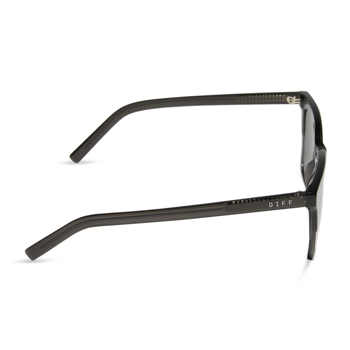 diff eyewear featuring the billie xl square sunglasses with a black smoke crystal frame and grey polarized lenses side view