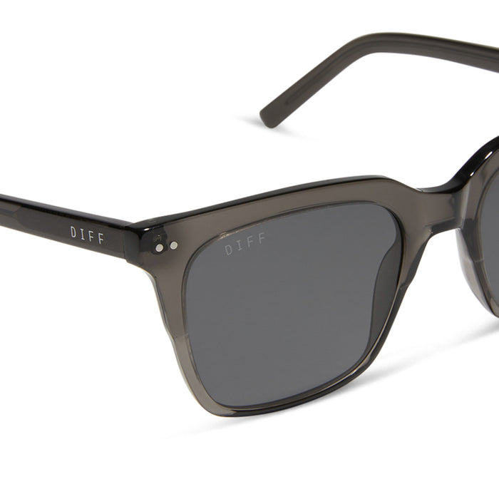 diff eyewear featuring the billie xl square sunglasses with a black smoke crystal frame and grey polarized lenses detailed view