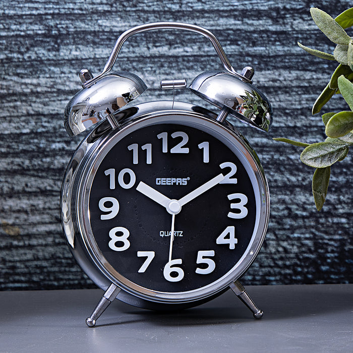 Black Retro Twin Bell Analog Alarm Clock, Classic Design With Night Light