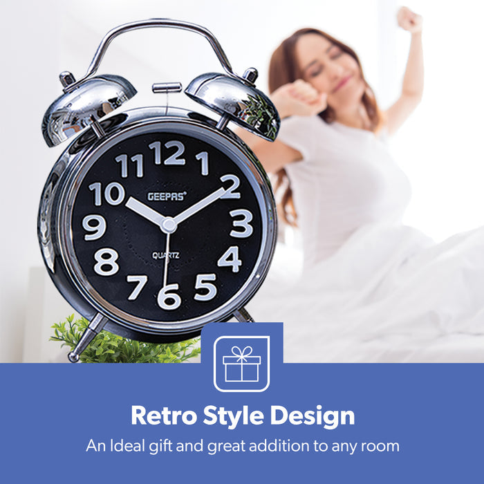 Black Retro Twin Bell Analog Alarm Clock, Classic Design With Night Light