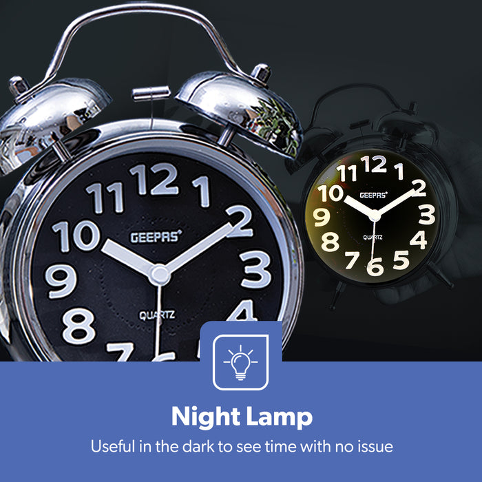 Black Retro Twin Bell Analog Alarm Clock, Classic Design With Night Light