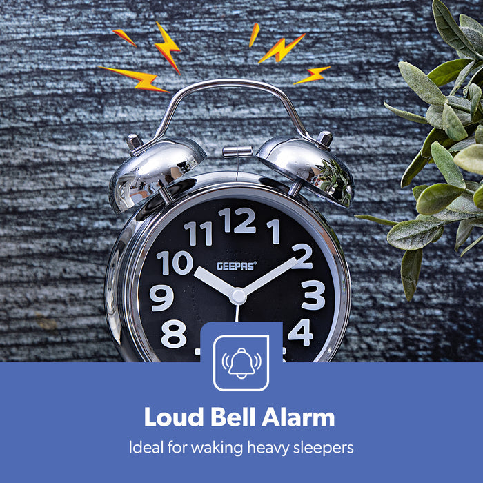 Black Retro Twin Bell Analog Alarm Clock, Classic Design With Night Light
