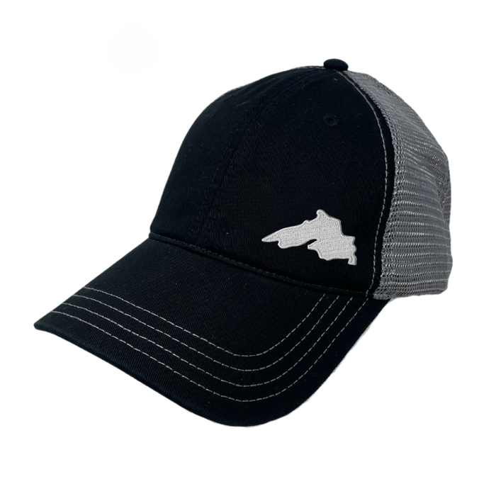 Black Lake Superior Unstructured Trucker Hat with mesh back, adjustable snapback closure, and featuring a silver embroidered lake superior patch.
