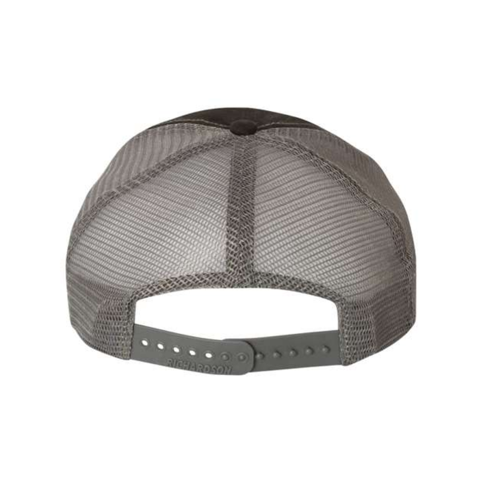 Grey snapback closure on a trucker hat with grey mesh sides.