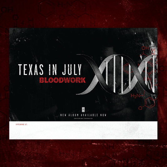 Album cover for Bloodwork by Texas In July with a gray double helix, bold white and red text, and a dark textured background with faint chemical formulas—ideal for posters shipped securely in a tube.