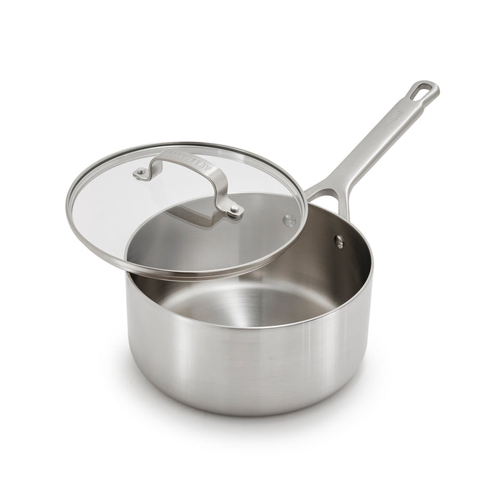 Stainless steel saucepan with a long handle and glass lid, holds 3 quarts.