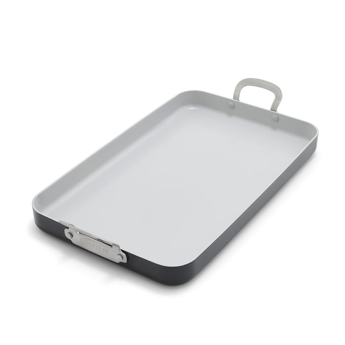 Graphite double burner griddle with handles on both sides, shown against a white background.