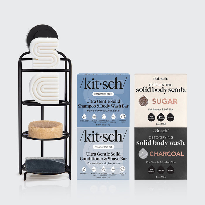 KITSCH Build Your Own Shampoo & Conditioner with FREE Self-Draining Shower Caddy — variant shot — Ultra Sensitive shampoo and conditioner caddy bundle — gentle formula for sensitive scalp