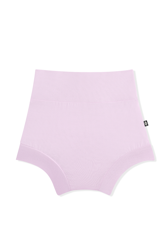Light purple high-waisted baby bummies on a white background