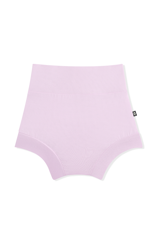 Light purple high-waisted baby bummies on a white background