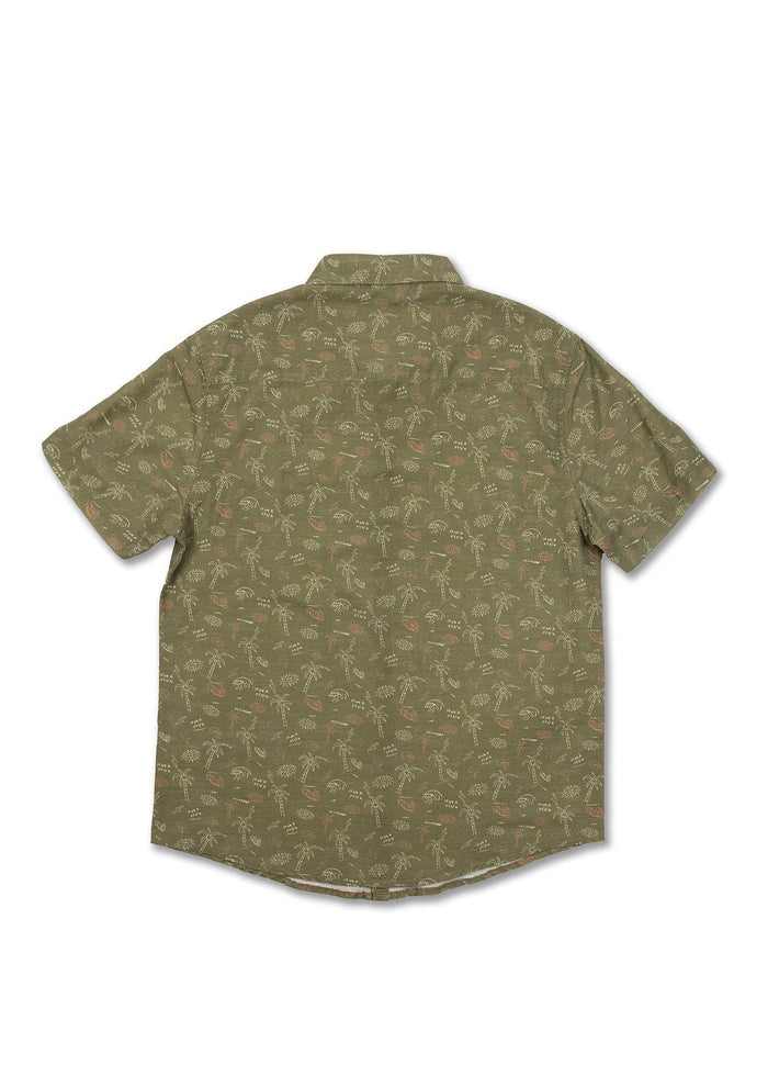 Green short-sleeve shirt with palm tree pattern, viewed from the back. Casual and stylish, perfect for summer outings.