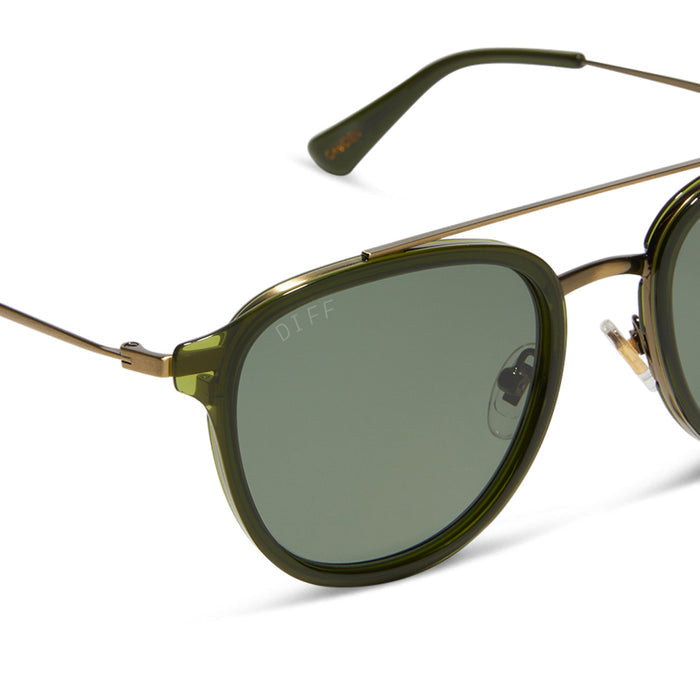 diff eyewear featuring the camden aviator sunglasses with a dark olive crystal frame and g15 polarized lenses detailed view