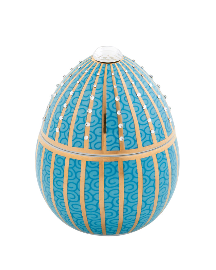 Candle in Ceramic Egg BOIS DE ROUSSIE 200gr Red Silver Stripes 5.12 diam. x 6.5 in