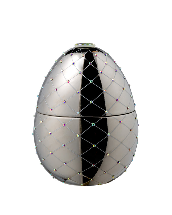 Candle in Ceramic Egg BOIS DE ROUSSIE 200gr Red Silver Stripes 5.12 diam. x 6.5 in