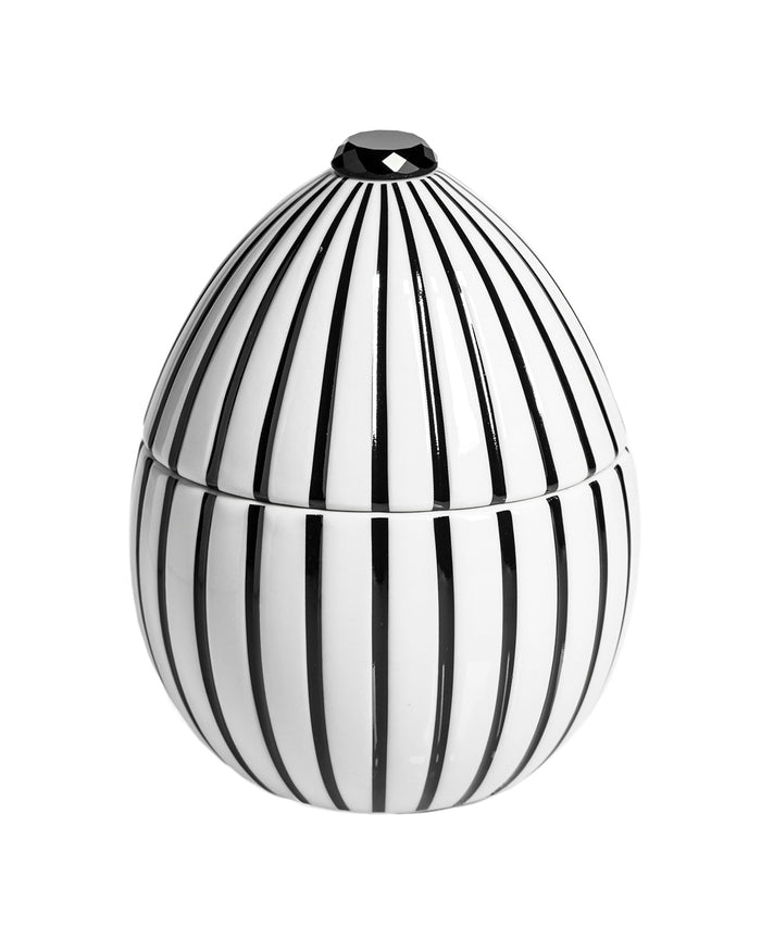 Candle in Ceramic Egg BOIS DE ROUSSIE 200gr Red Silver Stripes 5.12 diam. x 6.5 in