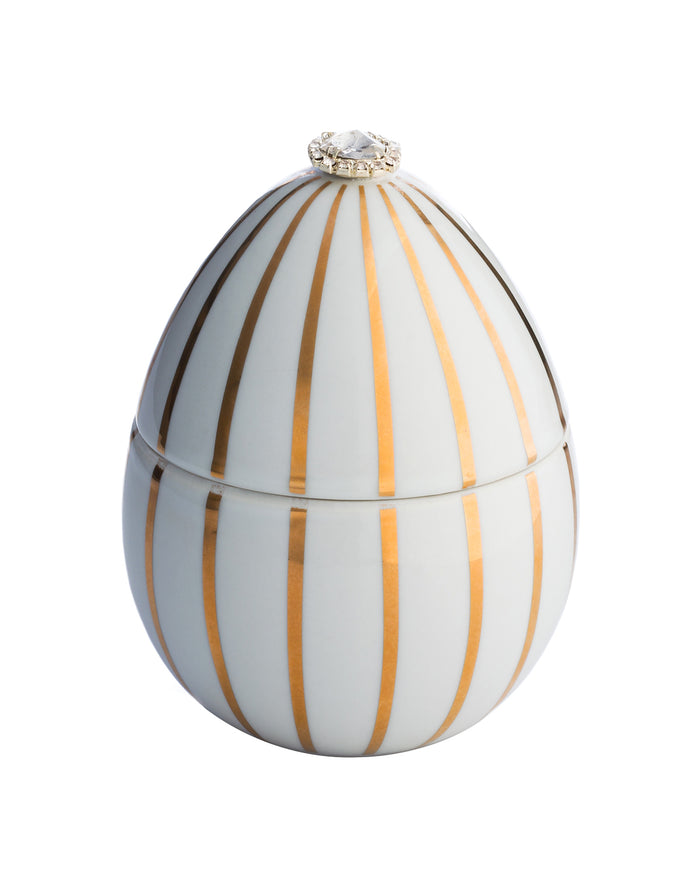 Candle in Ceramic Egg BOIS DE ROUSSIE 200gr Red Silver Stripes 5.12 diam. x 6.5 in