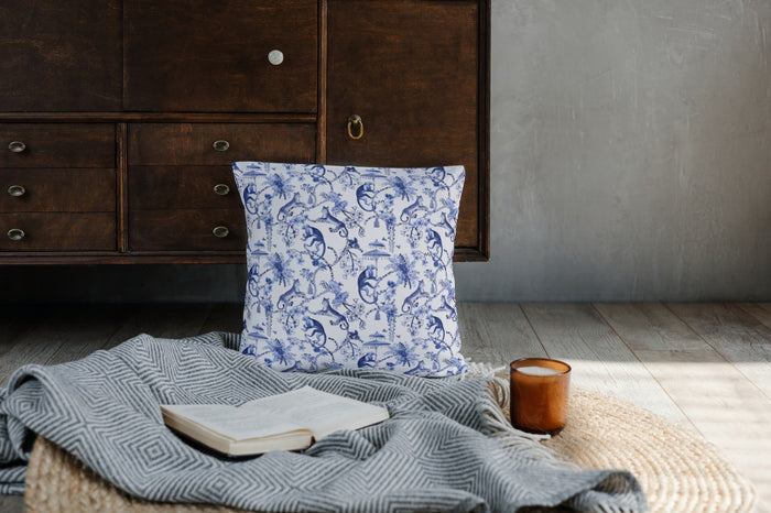 Chinoiserie Monkey Cotton Pillows Toile de Jouy Blue White