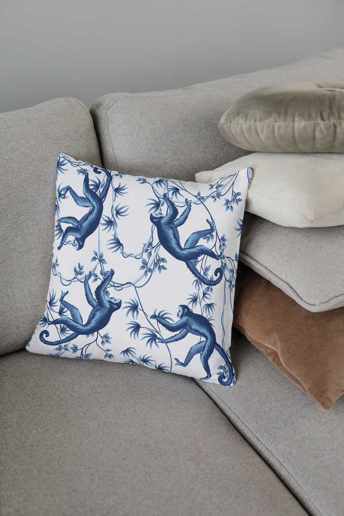 Chinoiserie Outdoor Pillows Blue & White Monkey Tree