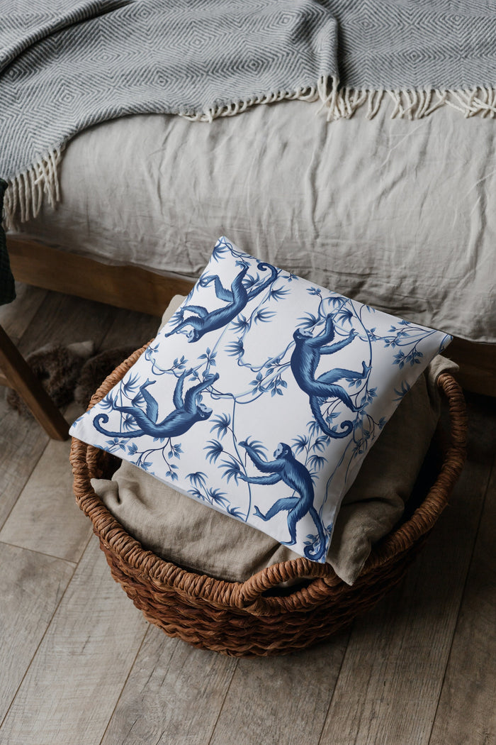Chinoiserie Outdoor Pillows Blue & White Monkey Tree