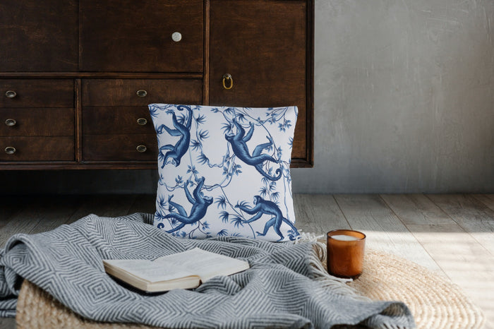 Chinoiserie Outdoor Pillows Blue & White Monkey Tree