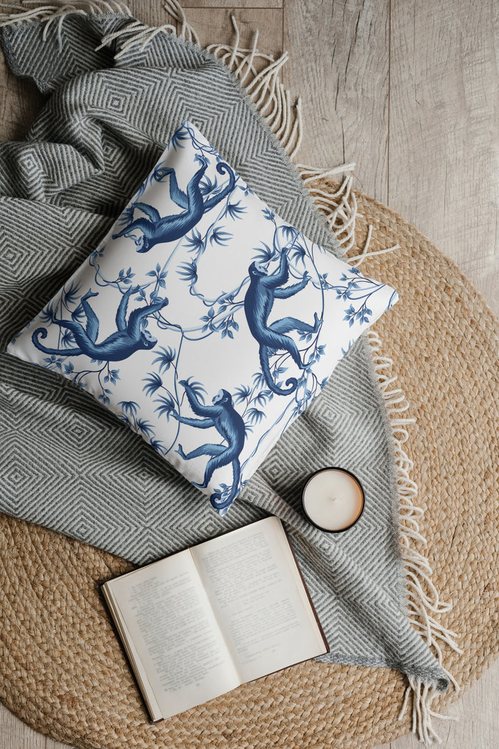 Chinoiserie Outdoor Pillows Blue & White Monkey Tree