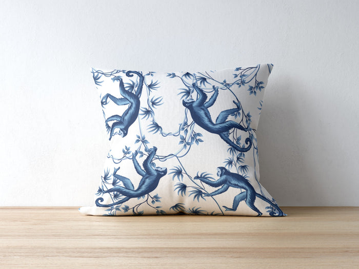 Chinoiserie Outdoor Pillows Blue & White Monkey Tree