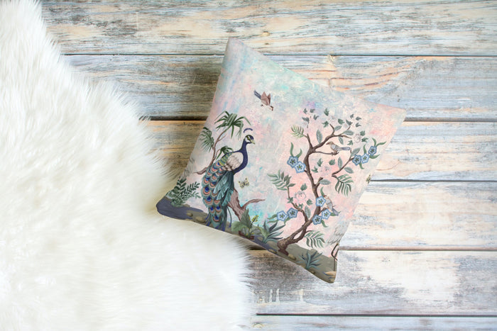 Chinoiserie Outdoor Pillows Pink & Blue Peacock Fresco