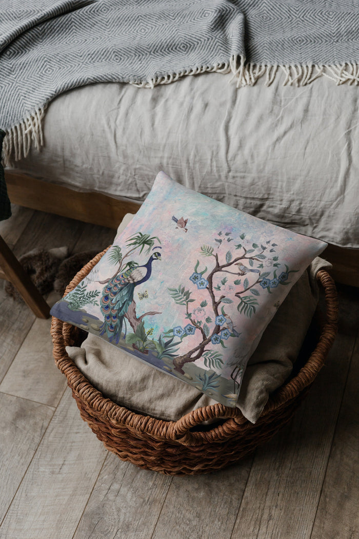 Chinoiserie Outdoor Pillows Pink & Blue Peacock Fresco