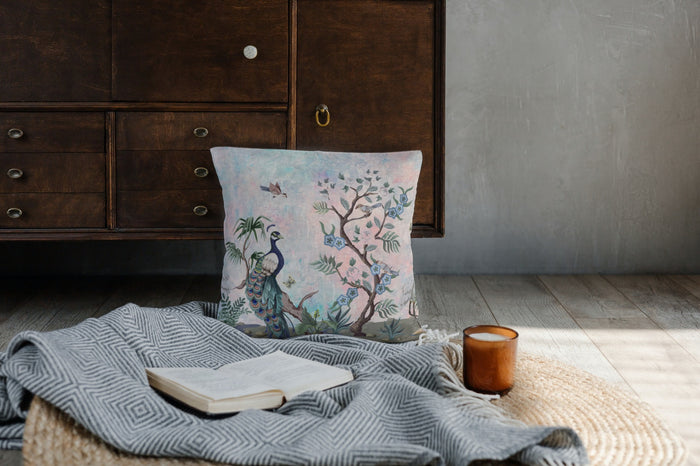 Chinoiserie Outdoor Pillows Pink & Blue Peacock Fresco