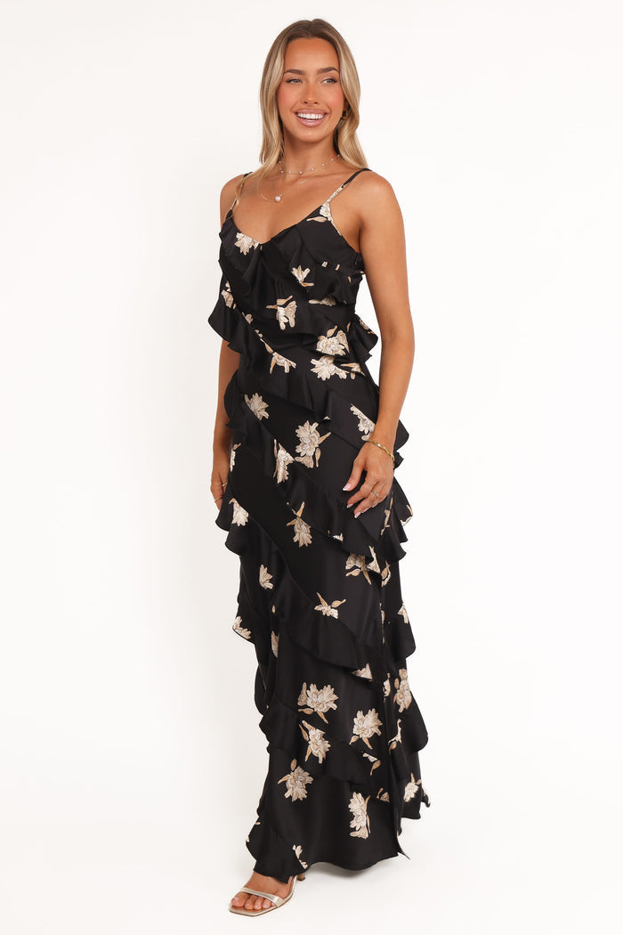 Petal and Pup USA DRESSES Ciao Ruffles Maxi Satin Dress - Black Floral