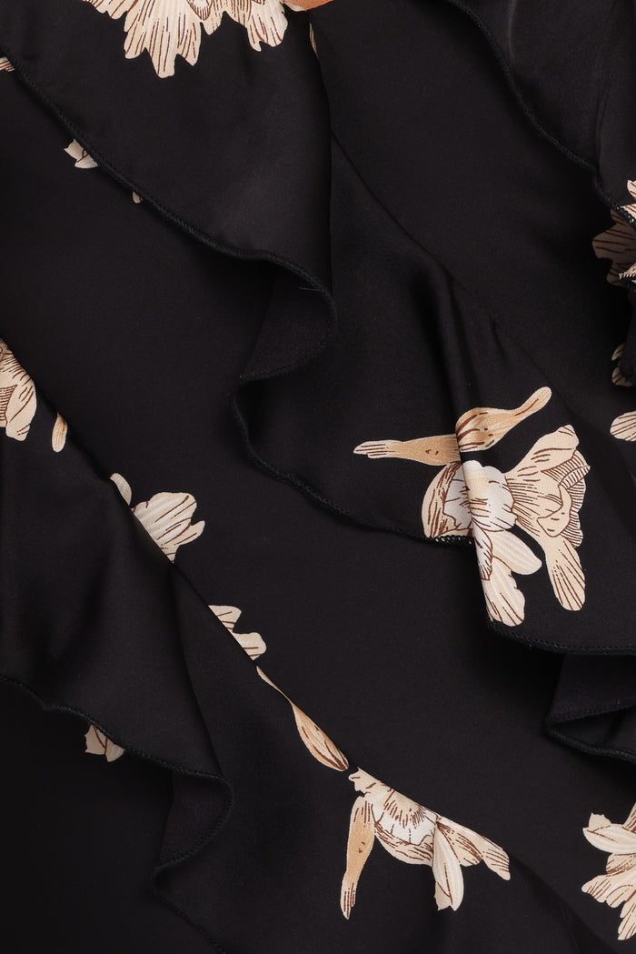 Petal and Pup USA DRESSES Ciao Ruffles Maxi Satin Dress - Black Floral