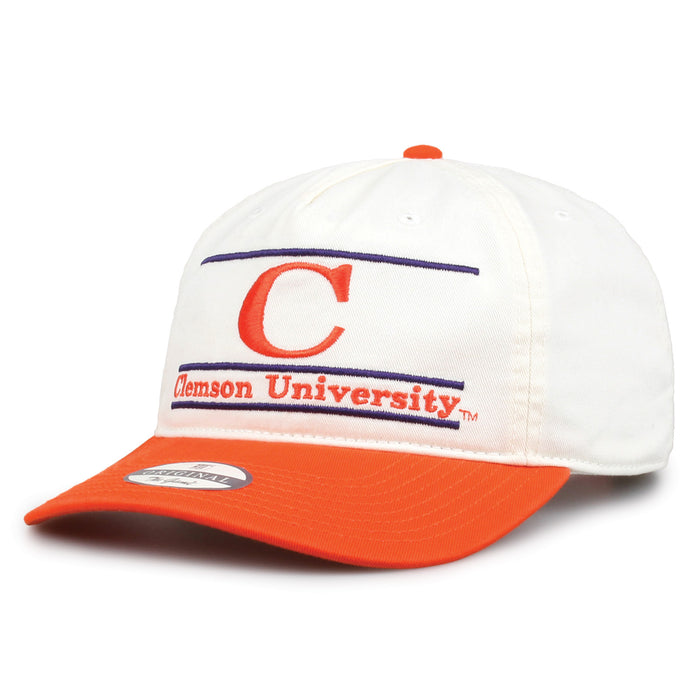 Clemson Original Bar snapback hat showing embroidered front design and curved brim, angled view