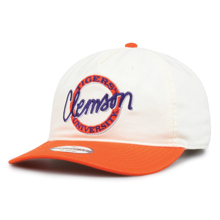 Clemson Original Circle snapback hat showing embroidered front design and brim, angled view