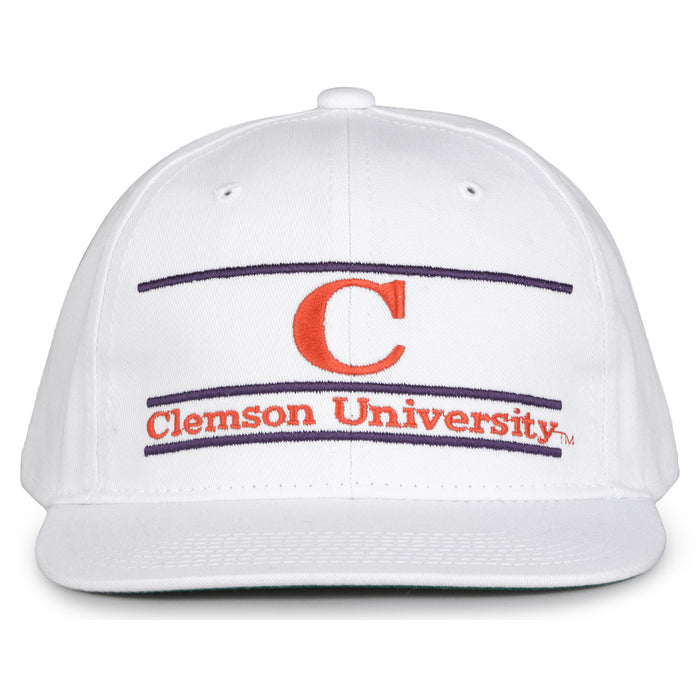 Clemson Retro Bar snapback hat in white, front view