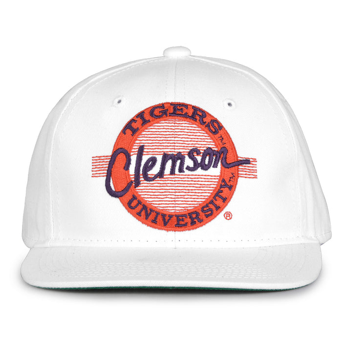 Clemson Retro Circle snapback hat in white, front view