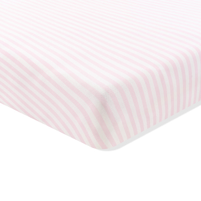 Corner of the Crib Sheet in Small Sakura Stripe shown on a crib mattress