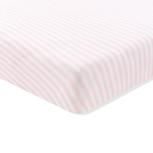 Corner of the Crib Sheet in Small Sakura Stripe shown on a crib mattress