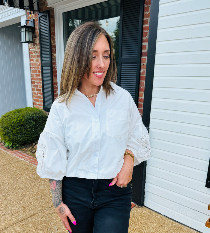 Cut Out Embroidered Bubble Sleeve Top