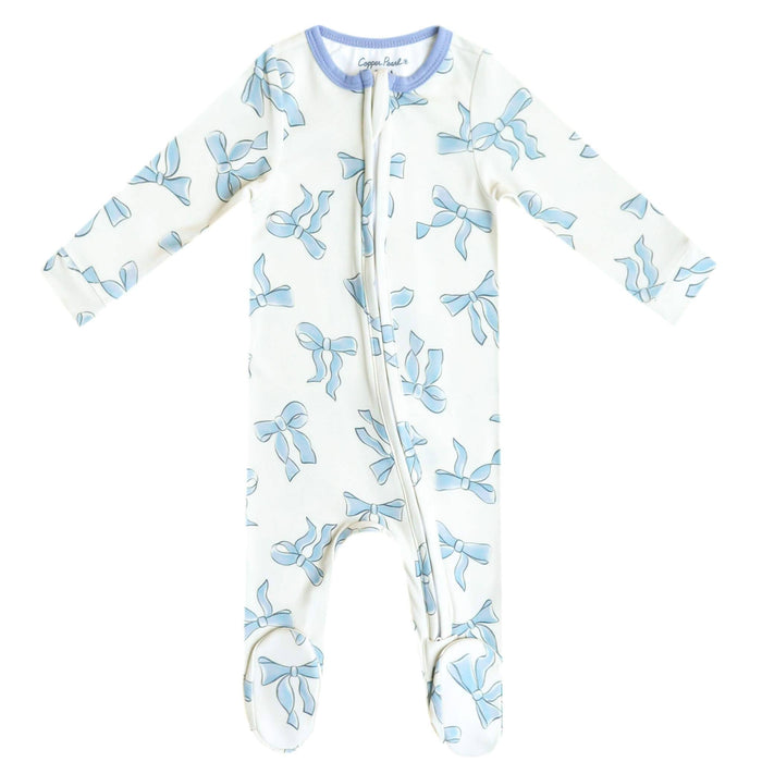 Copper Pearl Daphne zip-up footie pajama featuring a delicate blue bow print, two-way zipper, and soft footed design for babies.