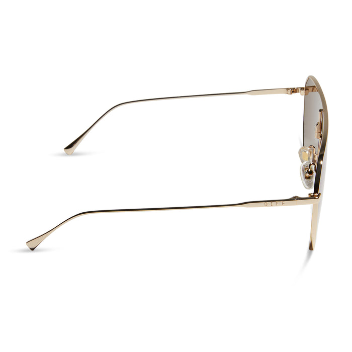 diff eyewear dash shield oversized sunglasses with a gold metal frame and green mirror lenses side view